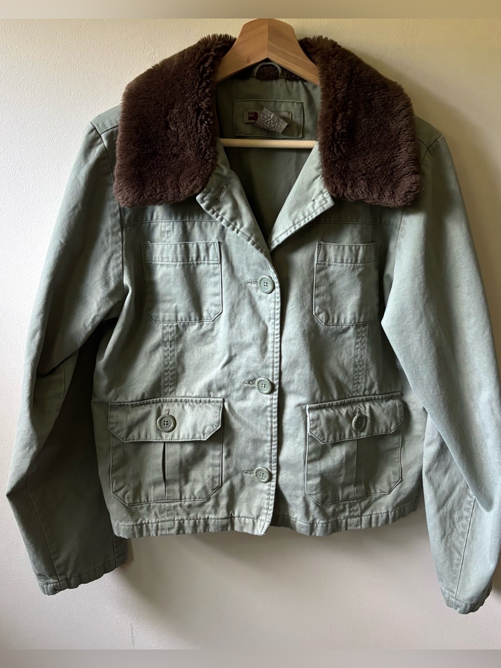 Olive Green Cotton Jacket with Brown Faux Fur Collar